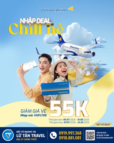 Vietravel Airlines giảm 55K với mã VUFLY55 2026