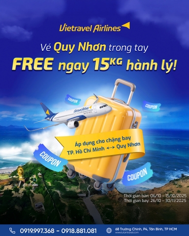 Vietravel Airlines 2025: Tặng miễn phí 15KG hành lý ký gửi chặng TP.HCM – Quy Nhơn