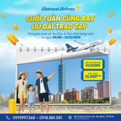 Vietravel Airlines: Bay cuối tuần, giảm ngay 25.000 VNĐ