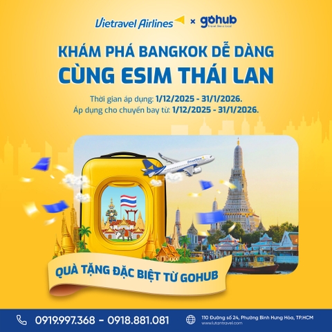 Vietravel Airlines 2026: Bay Bangkok tặng ngay eSIM Thái Lan 5 ngày miễn phí