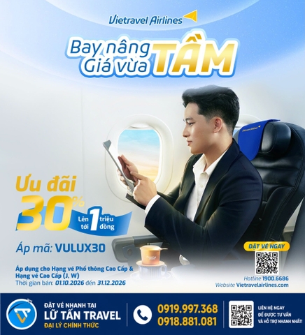 Vietravel Airlines giảm 30% hạng J, W với VULUX30
