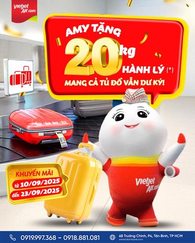 Vietjet 2025: Tặng 20kg hành lý ký gửi quốc tế, bay khắp Đông Nam Á, Đông Bắc Á