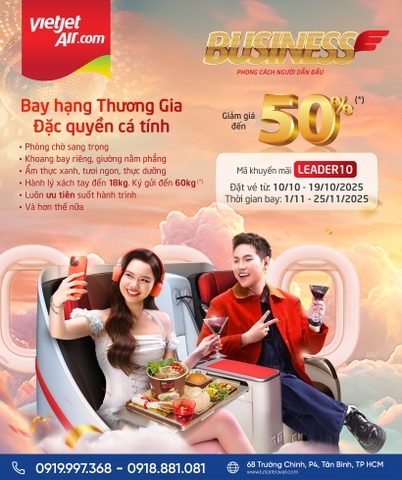 Vietjet Air 2025: MEGA SALE, Giảm 50% vé Business Quốc tế