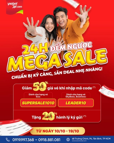 Vietjet Air 2025: Đếm ngược MEGA SALE 10 ngày, tặng 20kg hành lý quốc tế