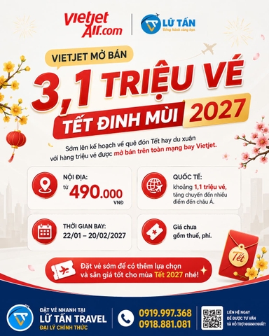 Vietjet mở bán 3,1 triệu vé Tết 2027