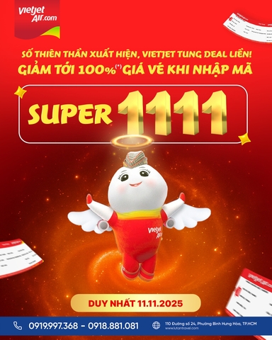 Vietjet Air 2025: Săn Deal 11/11, giảm tới 100% giá vé với mã SUPER1111