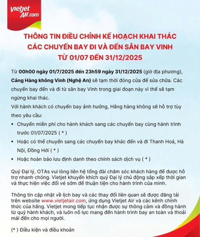 Vietjet tạm ngưng khai thác sân bay Vinh từ 01/07 đến 31/12/2025