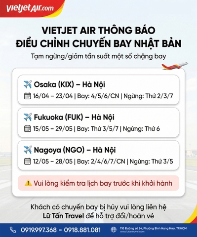 Vietjet Air Điều Chỉnh Chuyến Bay Nhật Bản Tháng 4 – 5/2026