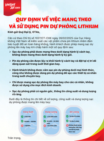 Quy định mới nhất 2025: Mang pin dự phòng lên máy bay Vietjet Air