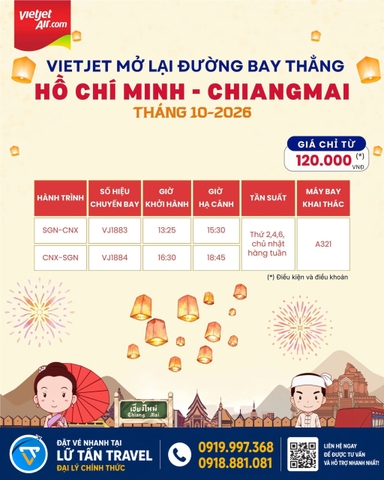 Vietjet mở lại đường bay TP.HCM - Chiang Mai 2026