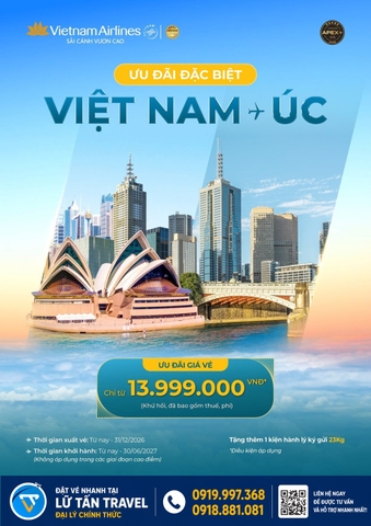 Vietnam Airlines vé Úc từ 13.999.000 đồng 2026