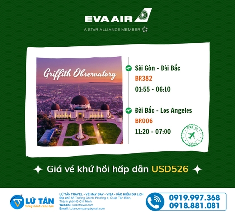 Eva Air - Khuyến mãi tuyến đường bay TPHCM - Los Angeles (SGN - LAX) chỉ từ 526USD