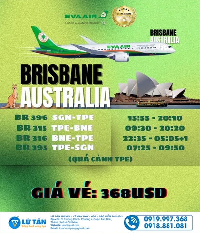 Eva Air - Khuyến mãi tuyến đường bay TPHCM - Brisbane (SGN - BNE) chỉ từ 368USD (*)