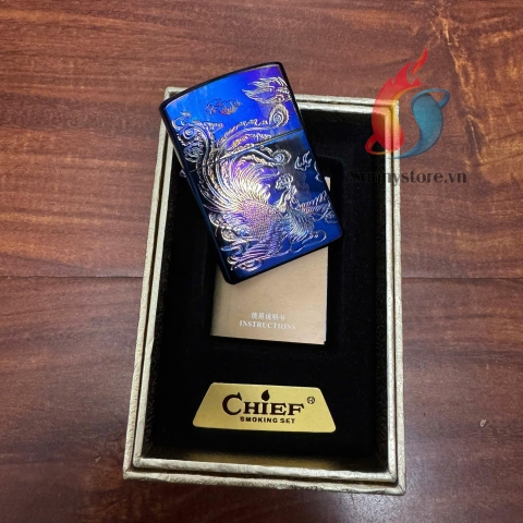 Bật Lửa Xăng Đá Chief Rồng Khắc Nổi Ánh Kim CF1350L