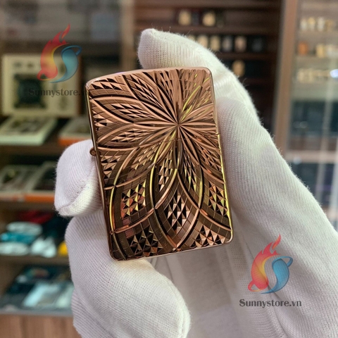 Zippo armor mạ vàng hồng khắc hoa văn 2 mặt