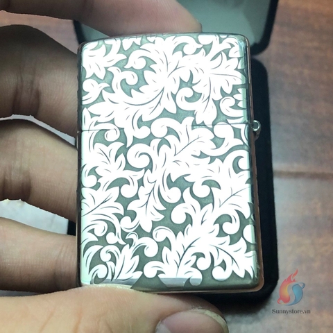 Zippo Bạc Khối Khắc Hoa Văn Cổ Điển 4 Mặt