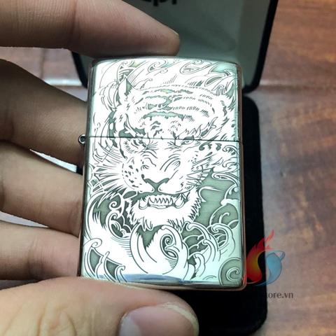 Zippo Bạc Khối Khắc Hổ 2 Mặt