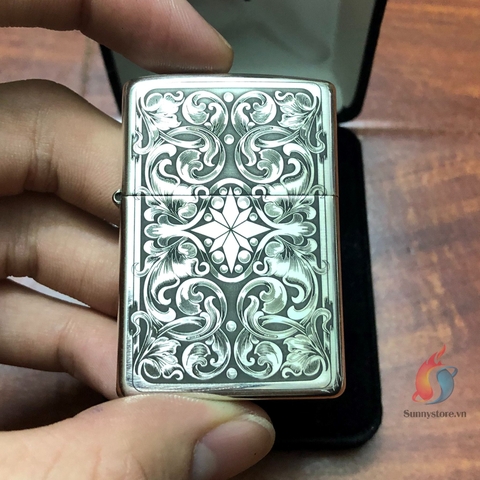 Zippo Bạc Khối Khắc Hoa Văn 2 Mặt
