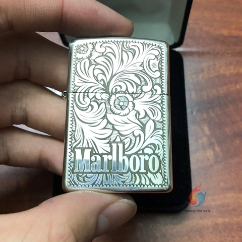 Zippo Bạc Khối Khắc 2 Mặt Logo Marlboro