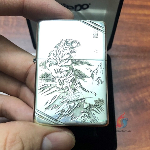 Zippo bạc khối ( Sterling) replica 1941 khắc hổ 3 mặt
