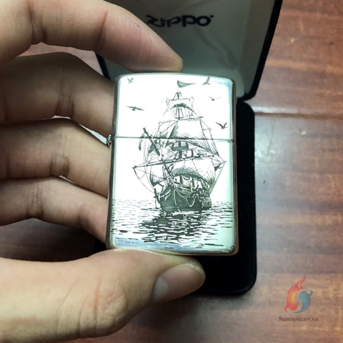 Zippo bạc khối Armor khắc ăn mòn chủ đề thuận buồm xuôi gió 2 mặt