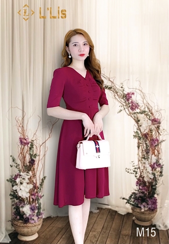 Đầm mango đỏ đô trơn, cổ tim tay lỡ nhún vai