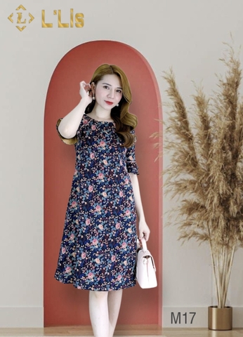 Đầm suông lụa Vạn Hoa, đen hoa hồng, cổ tròn tay lỡ