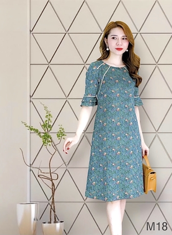 Đầm suông lụa Ánh Trăng, xanh hoa nhí, cổ tròn tay lỡ