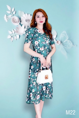 Đầm voan xanh hoa trắng, cột dây eo