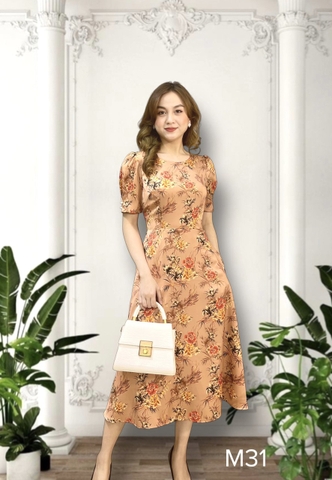Đầm lụa nâu hoa cam