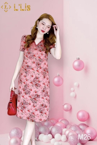 Đầm lụa suông cổ tim tay ngắn nhún vai