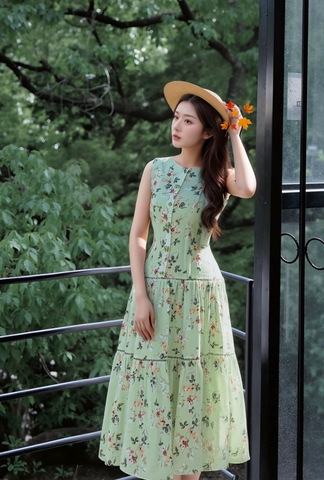 Đầm Voan xanh lá, sát nách cổ tròn