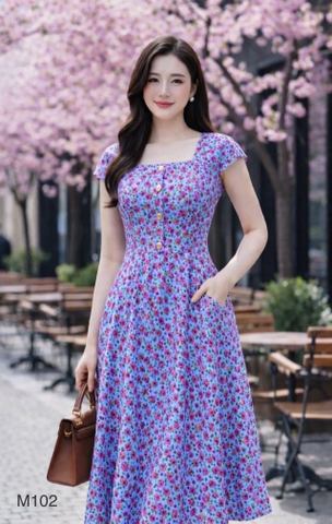 Đầm cổ vuông tay chờm xanh hoa hồng