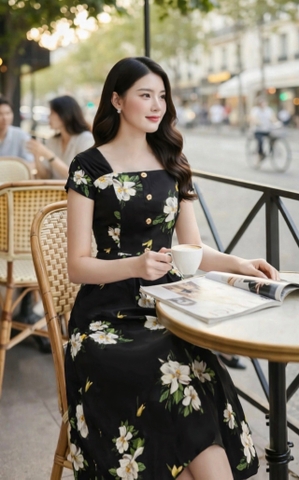 Đầm cổ vuông tay chờm đen hoa trắng