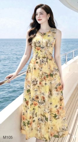 Đầm Mango vàng hoa, sát nách, nhún hông