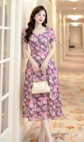 Đầm lụa Tô Châu hoa hồng cổ lục giác