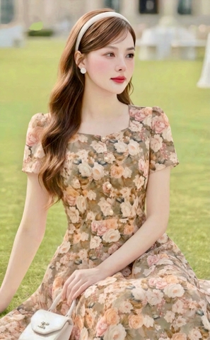Đầm lụa Tô Châu hoa vàng cổ lục giác