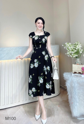 Đầm cổ vuông tay chờm đen hoa trắng