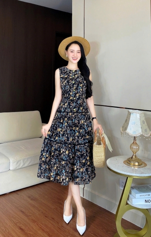 Đầm Voan đen hoa vàng, sát nách cổ tròn