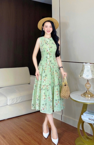 Đầm Voan xanh lá, sát nách cổ tròn