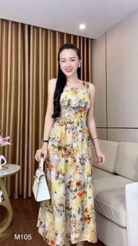 Đầm Mango vàng hoa, sát nách, nhún hông