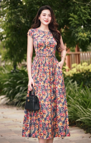 Đầm lụa Vân Sóng hoa vàng, tay chờm, nhún hông