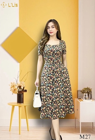 Đầm xòe mango hoa vàng tay ngắn