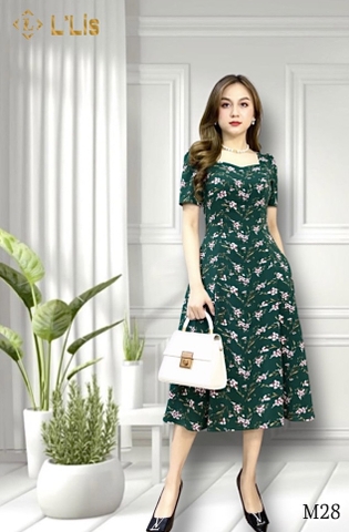 Đầm mango xanh hoa tím tay ngắn