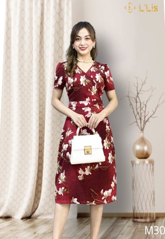 Đầm mango đỏ đô hoa trắng, cổ đắp chéo tay ngắn