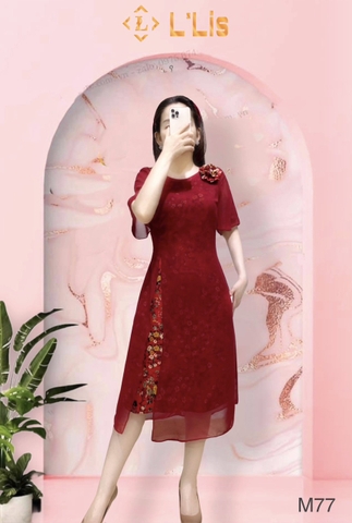 Đầm voan đỏ phối mango, đính bông M77