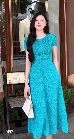 Đầm mango xanh hoa chìm xếp li M97