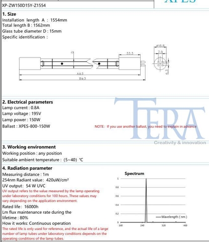 Đèn UV xử lý nước 1554mm 150W - UVC 254 nm cho hệ thống công nghiệp