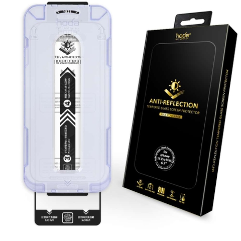 Kính cường lực HODA kèm khung trợ dán chống chóa/phản chiếu có viền đen cho iPhone 15 series