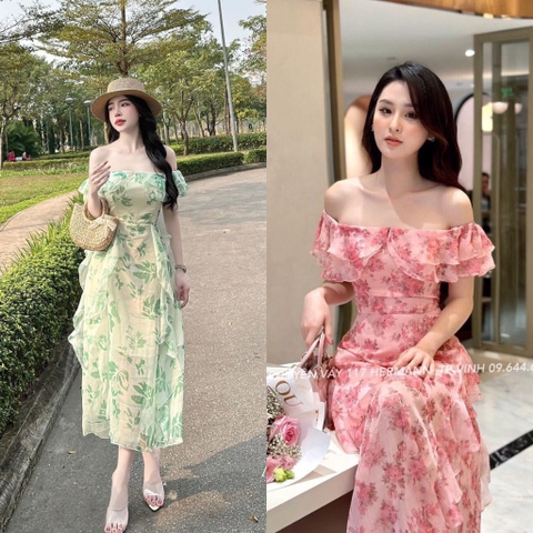 Blakely Dress - Đầm trễ vai xô lụa nền hồng in hoa nhí nâu xanh- D619 –  Pomelo Flower